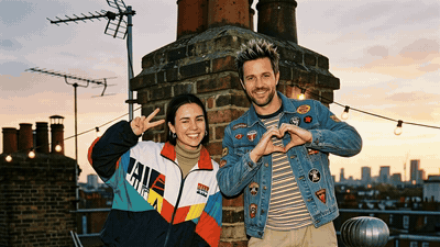 Ada and Bert as a 90s boy band on a rooftop, moving: the second picture as a GIF